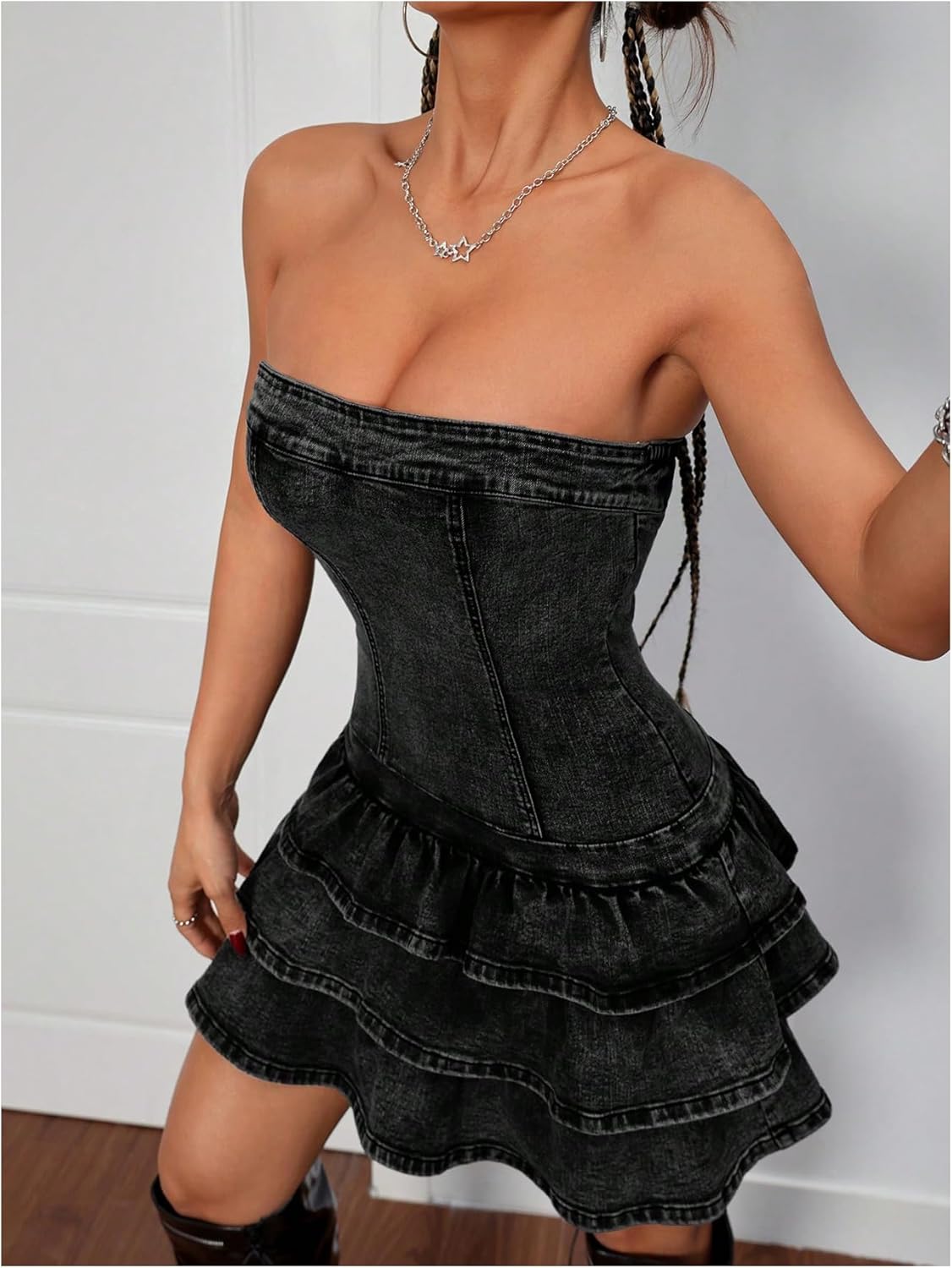 WDIRARA Women's Strapless Layered Ruffle Denim Dress Bandeau Slim Fit Mini Dresses - Image 3