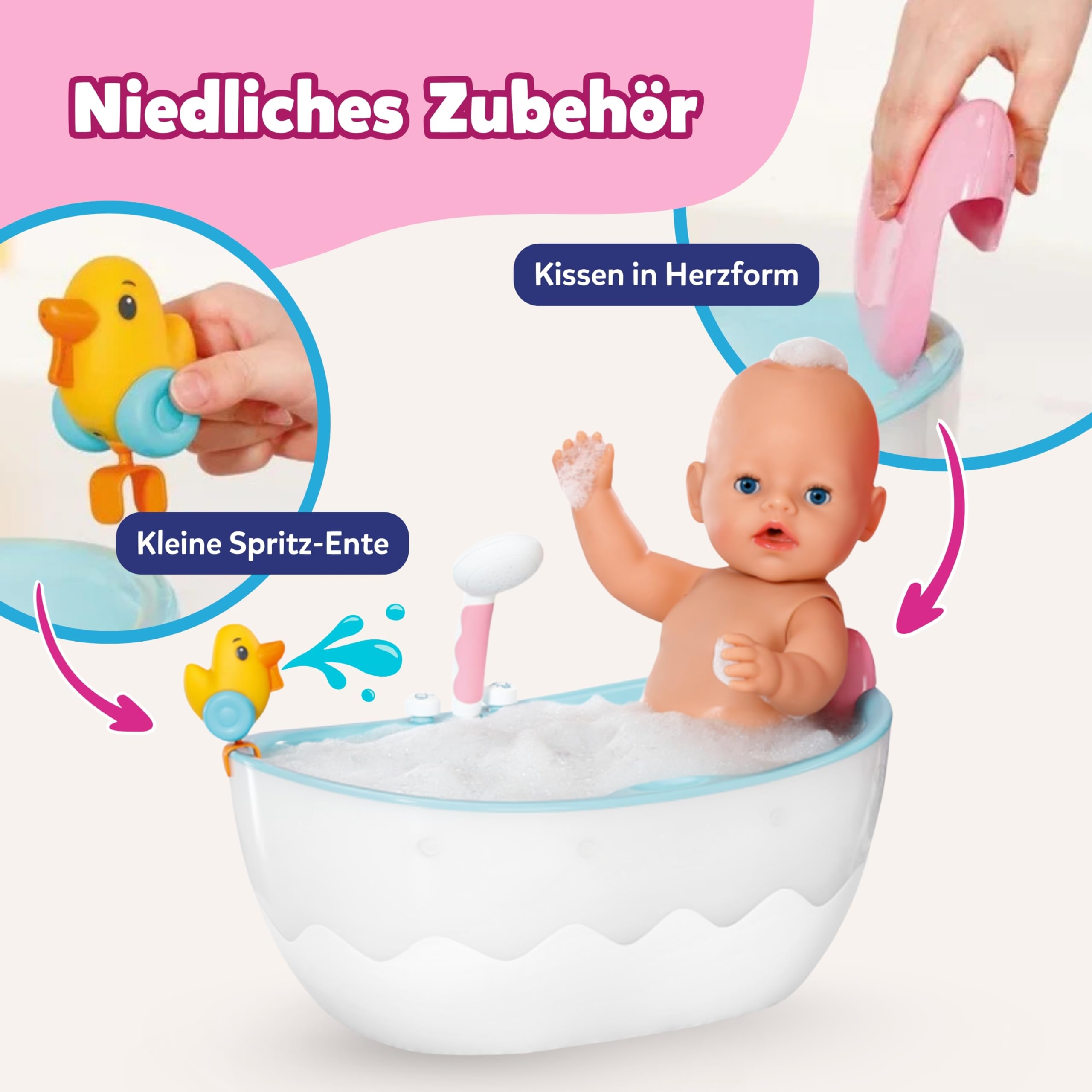 BABY born Badewanne mit Farbwechsel - Dusch-& Soundfunktion - Hochwertiges Zubehör für Puppen der Größe 36 & 43 cm - Funktioniert auch mit echtem Wasser