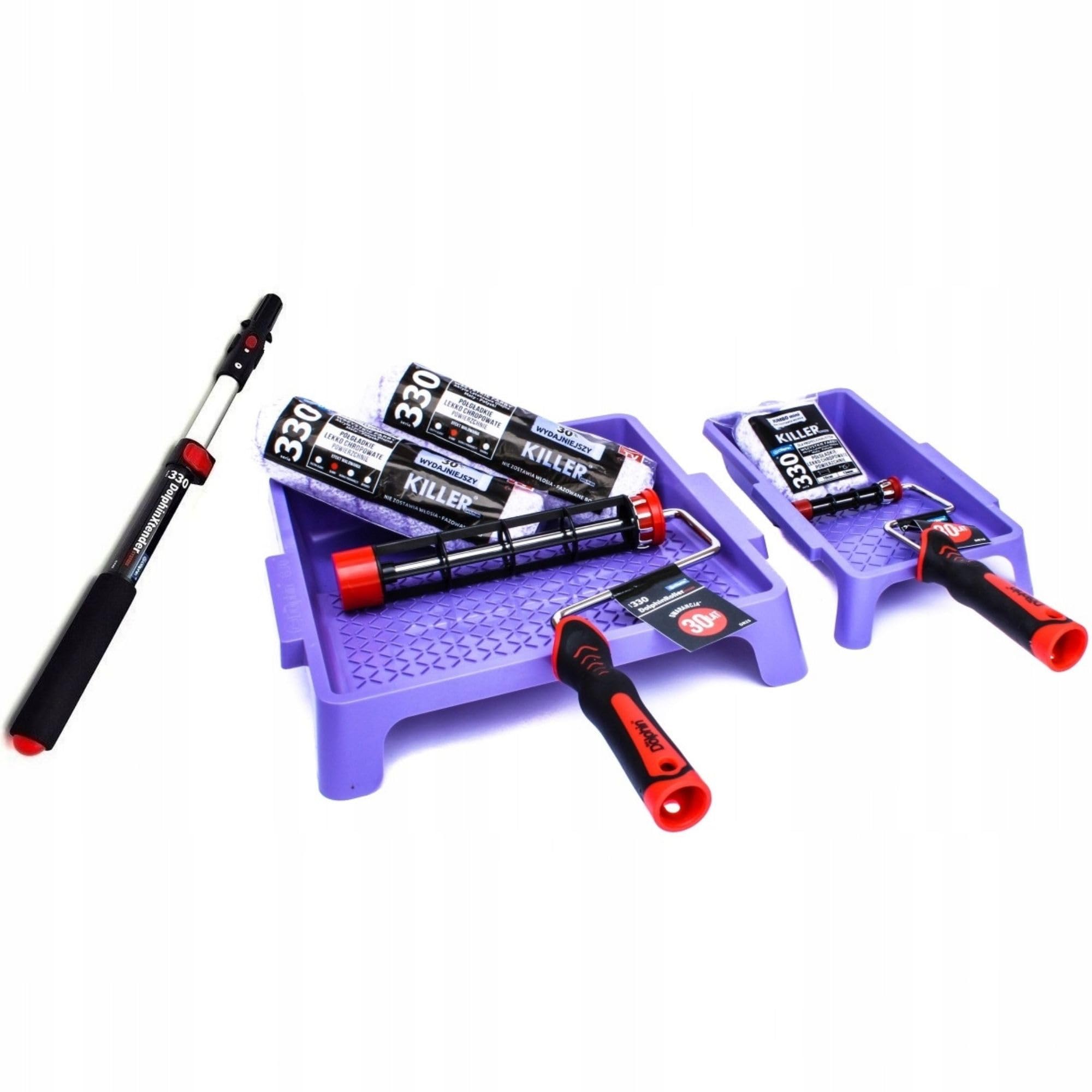 Malerset 9 tlg: 2x Farbroller Killer groß 25cm/13mm; 2x Farbroller Killer klein 10cm/13mm - 2 x Roller-Griff - 2 x Farbwanne + Teleskopstange - Streichsets für Wandfarbe -Farbzubehör Made in EU