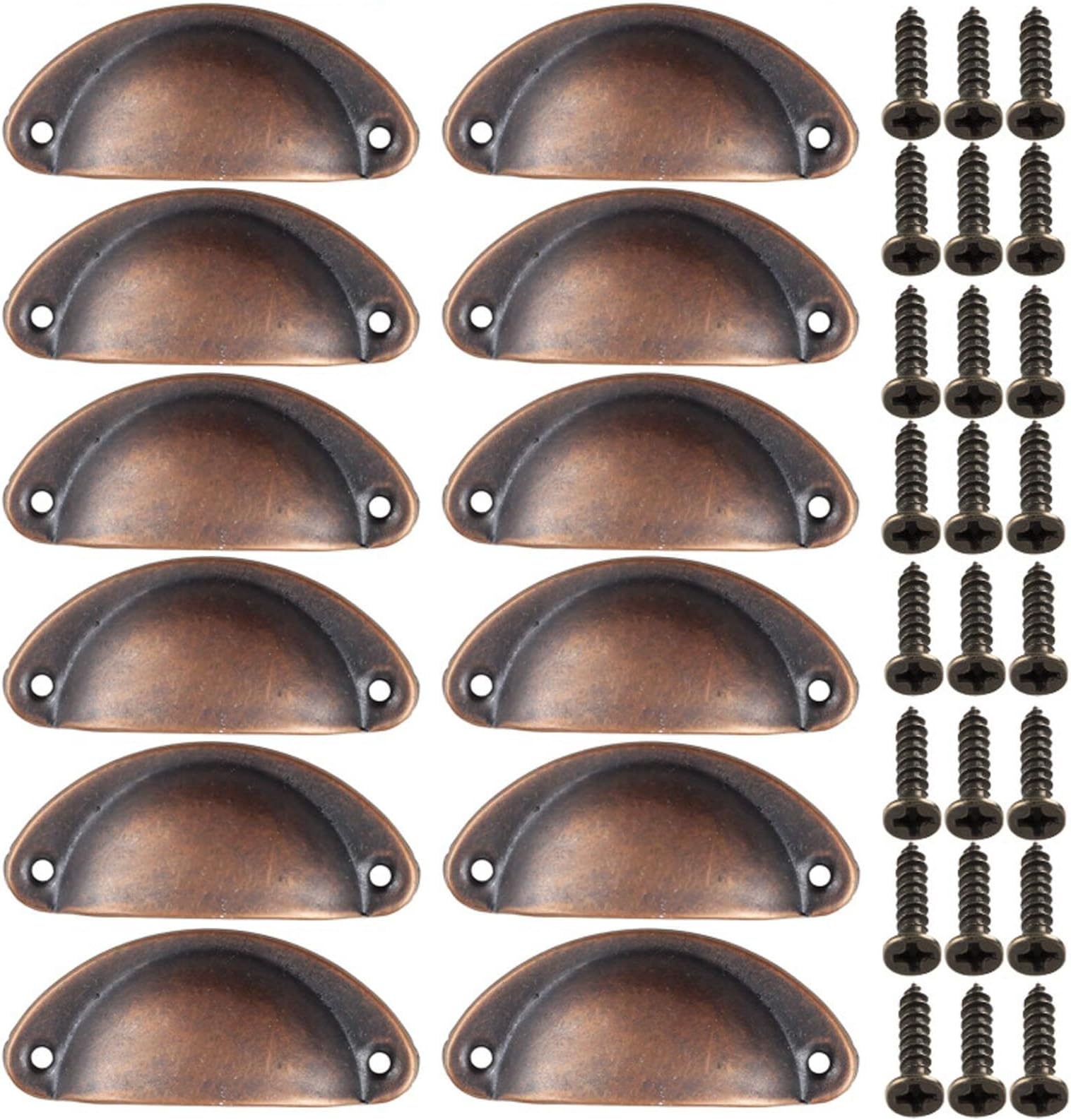 Kitchen Cabinet Cup Handles, 12 Pack Cupboard Cup Pulls Metal, Rustic Furniture Door Hardware Knobs with Screws for Chest of Drawers Dresser Wardrobe, Copper