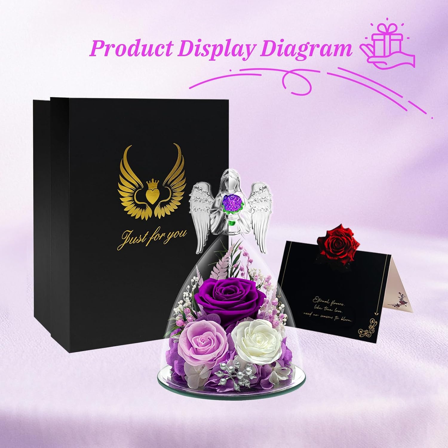 Preserved Roses in Glass Angle Figurines - Forever Flowers Gift for Women - Birthday, Valentine's Day, Eternal Roses for Grandma, Daughter,Girlfriend,Flowers for Delivery(Purple)