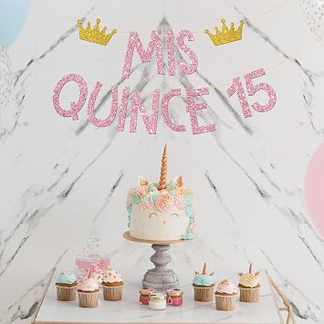 Mis Quince 15 Banner, Pink Glitter, Girl's 15th Birthday Bunting Banner, Feliz Cumpleanos 15, 15 Years Old Birthday, Spanish Themed Happy 15th Birthday Party Decoration Supplies