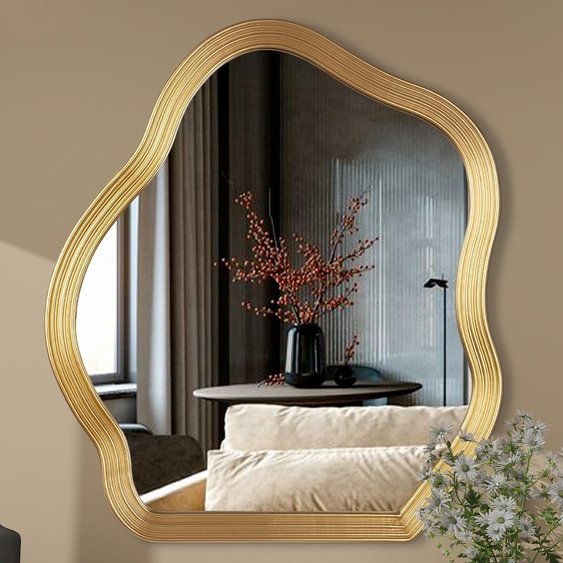 SHYFOY Antique Gold Wall Mirror, Asymmetrical Decorative Mirror for Wall Decor, Irregular Large Ornate Mirrors for Living Room, Wavy Abstract Cloud Mirror, 31.5" L x 27.5" W