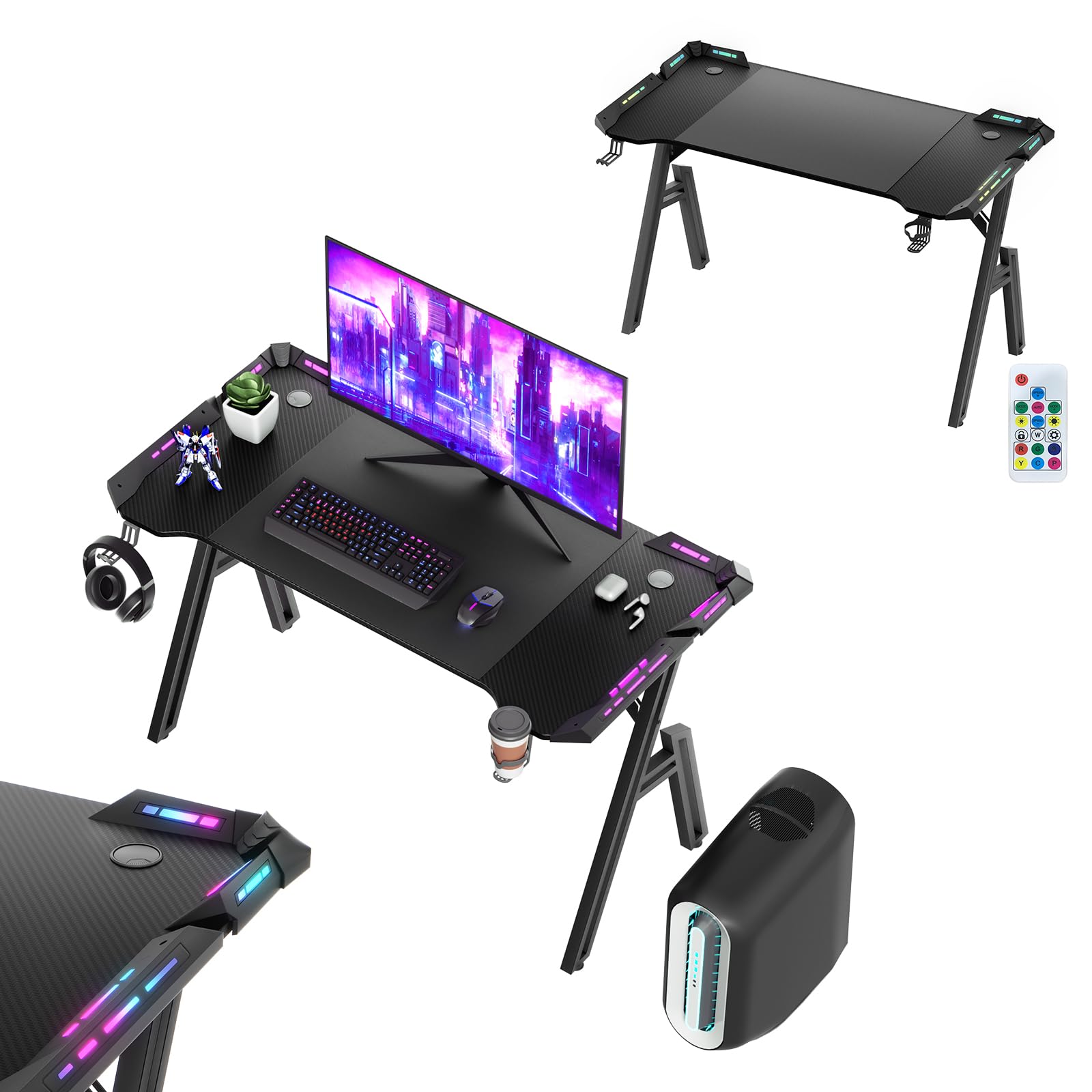 UISEBRT Gaming Schreibtisch 120 x 60cm Gamer Tisch A-förmiger Kohlefaseroberfläche Computertisch mit RGB LED-Licht, Ergonomischer Eckschreibtisch mit Kopfhörerhaken und Getränkehalter