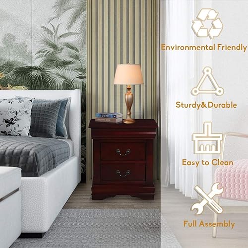 Miniatura 12 de Henf Mesita de noche de 2 cajones, moderna y elegante mesita de noche de madera, mesa auxiliar sólida con asa para el hogar, sala de estar, Negro