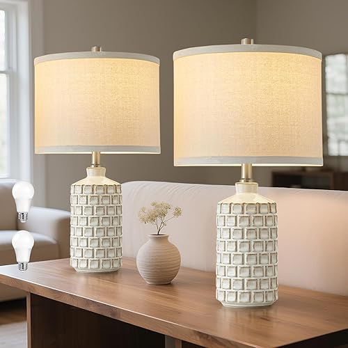 Miniatura 1 de Luvkczc Juego de 2 lámparas de mesa vintage de granja, lámpara de mesa de noche de rejilla con pantalla de tela que protege los ojos, temperatura de