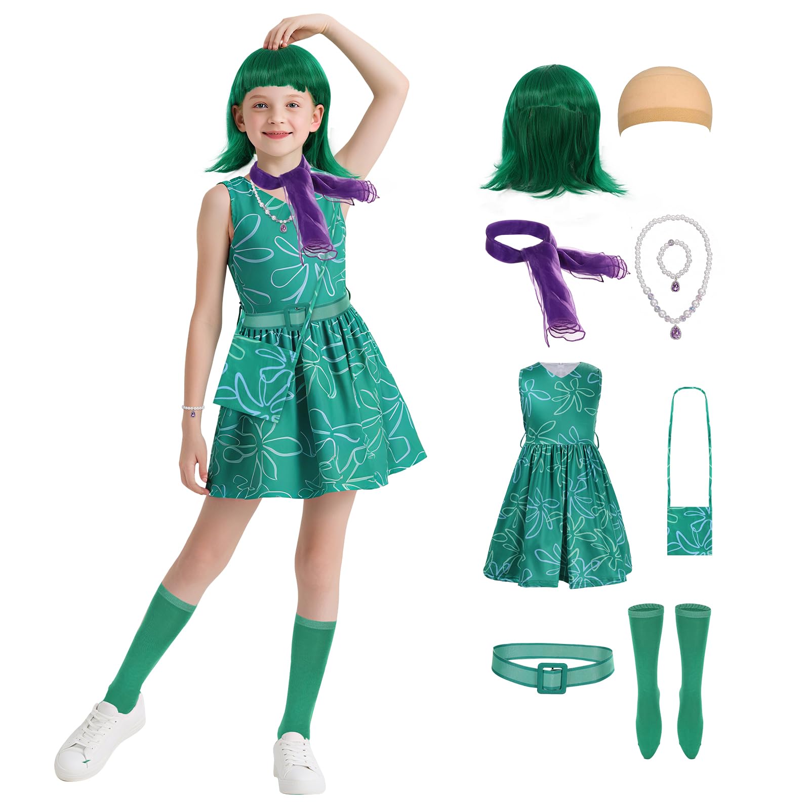 Lyxaof 9Pcs Kids Disgust Inside Out Costume Girls Green Princess Dress with  Wig Hairnet Bag Necklace Stocking Halloween Christmas Dress Up Outfit (Green,  130)  BigaMart