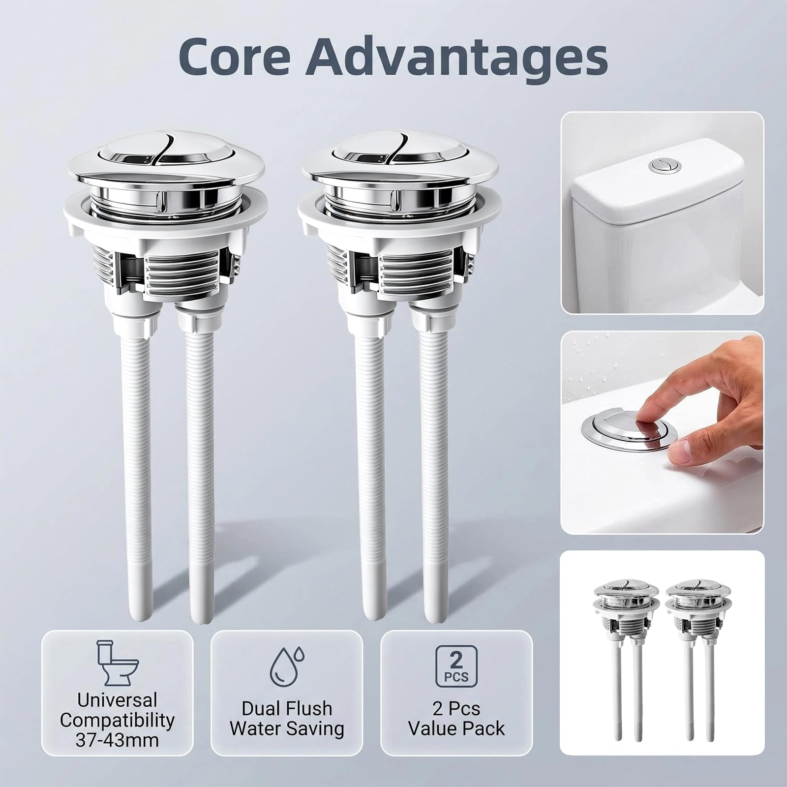 Botones de repuesto de doble descarga para WC 38 mm – Universal para tapas 37-44 mm, acero inoxidable