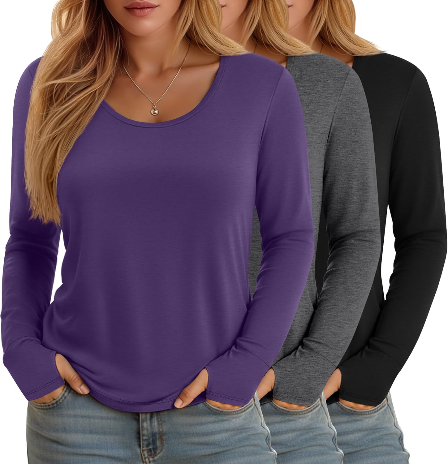 Evervibe 3 Pack Women's Plus Size Shirts Long Sleeve Scoop Neck T Shirts Cotton Basic Tops Loose Tees with Thumb Holes