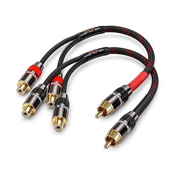 RCA Y Splitter Cable, 1 Male to 2 Female, 1FT, 24K Gold Plated OFC, Shielded RCA Adapter for Subwoofer, Amplifier, Car Audio, Home Theater, 2 Pack