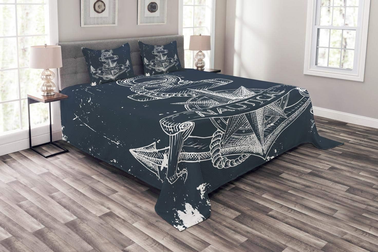 Get Popular Offer Ambesonne Marine Bedspread, Nautical Knot Compass Anchor Pattern Sea World Ocean Life Grunge Illustration, Decorative Quilted 3 Piece Coverlet Set with 2 Pillow Shams, King Size, Blue White