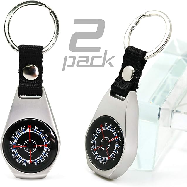 Keychain Pocket Compass Equipment, 2 Pack Key Ring Military Survival Magnetic Mini Metal Compass, Waterproof, Gear Compass for Men Kids Hiking Watch, Suunto, Camping, Adventure Outdoor Accessories