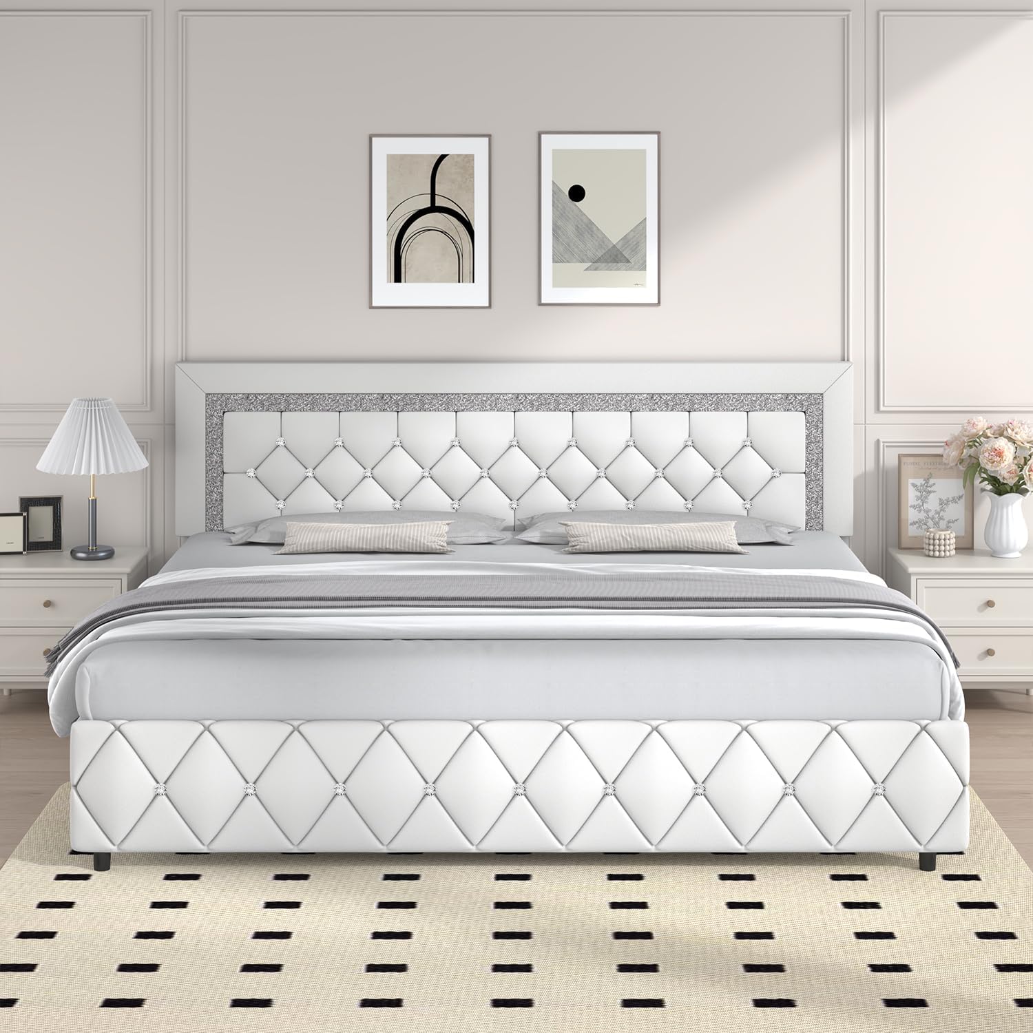 King Bed Frame, Faux Leather Platform Bed with Upholstered Diamond Headboard, Mattress Foundation with Strong Wooden Slats Support, No Box Spring Required, Easy Assembly, White
