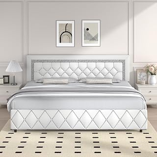King Bed Frame, Faux Leather Platform Bed with Upholstered Diamond Headboard, Mattress Foundation with Strong Wooden Slats Support, No Box Spring Required, Easy Assembly, White