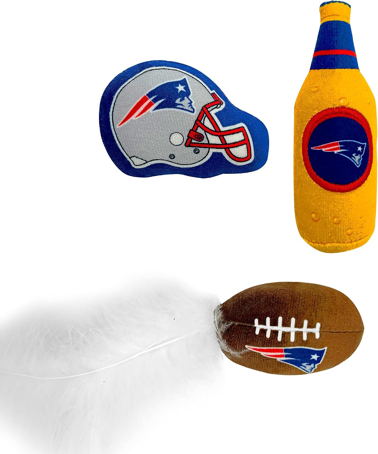 BEST PLUSH CAT TOY: NFL NEW ENGLAND PATRIOTS Complete Set of 3 piece Cat Toys filled with Fresh Catnip. Includes: 1 Helmet Cat Toy, 1 Football Cat Toy with Feathers & 1 Beer Bottle all with Team LOGOS image 2
