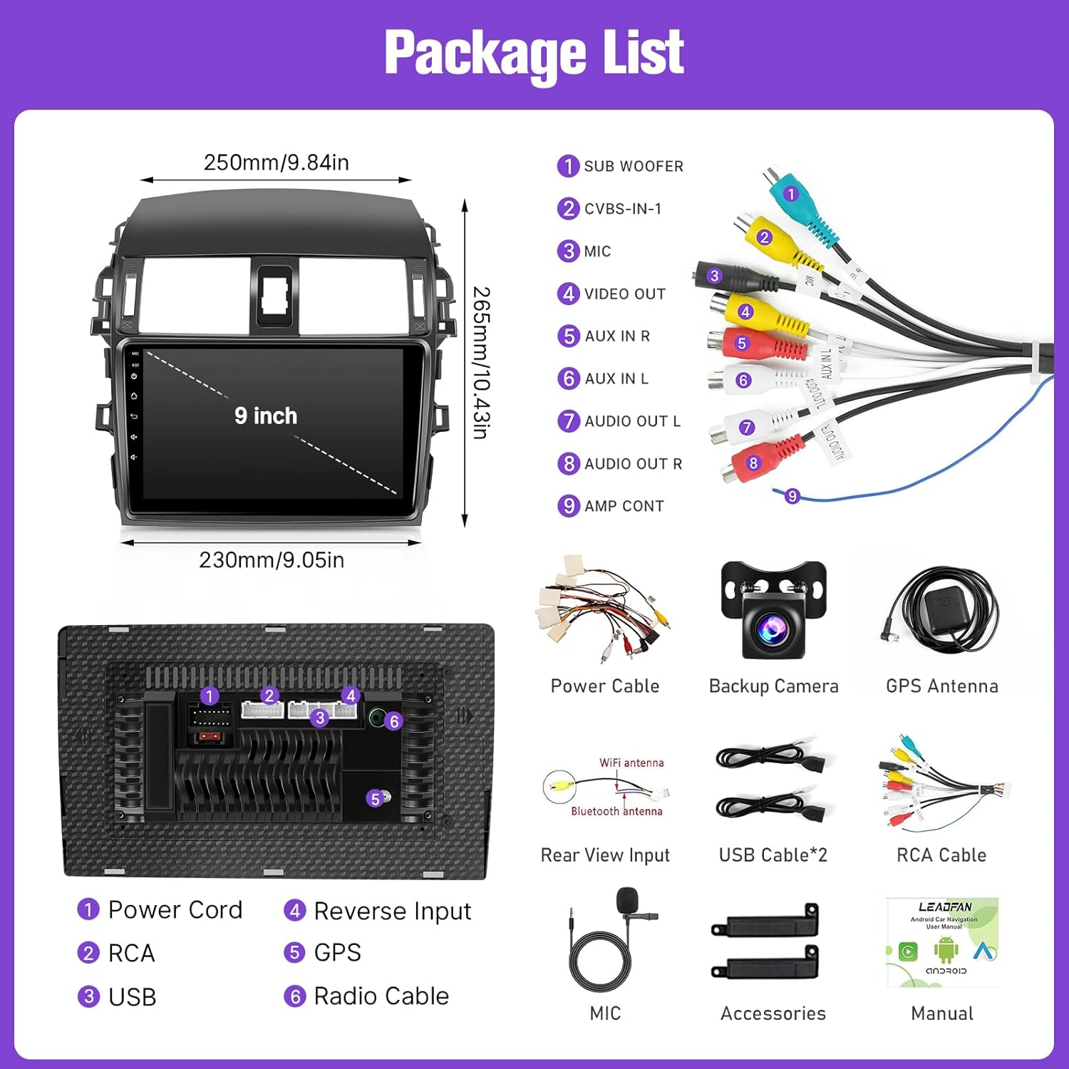 Leadfan 64G Car Radio for Toyota Corolla 2009 2010 2011 2012 2013, 9inch Screen for Corolla Stereo with Carplay Android Auto GPS Backup Camera