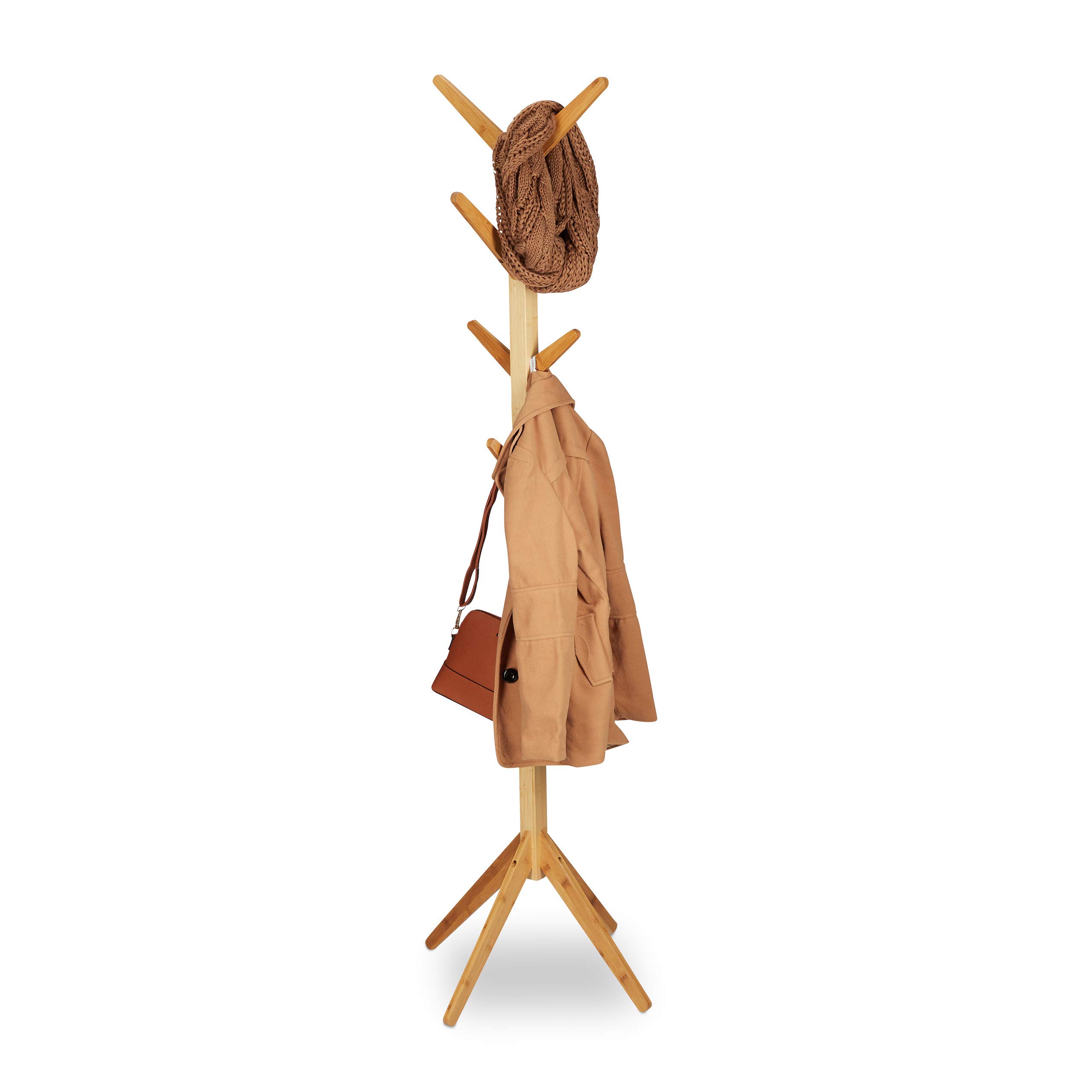 Relaxdays Portemanteau en Bambou Moderne, 8 Crochets, Porte-Vestes Design en Bois, HxlxP : 179 x 40,5 x 40,5 cm, Nature