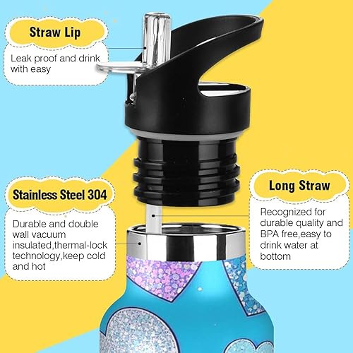 Miniatura 3 de Botella de agua reutilizable ligera con diseño de corazón de dibujos animados con purpurina falsa y popote que mantiene el calor y el frío para