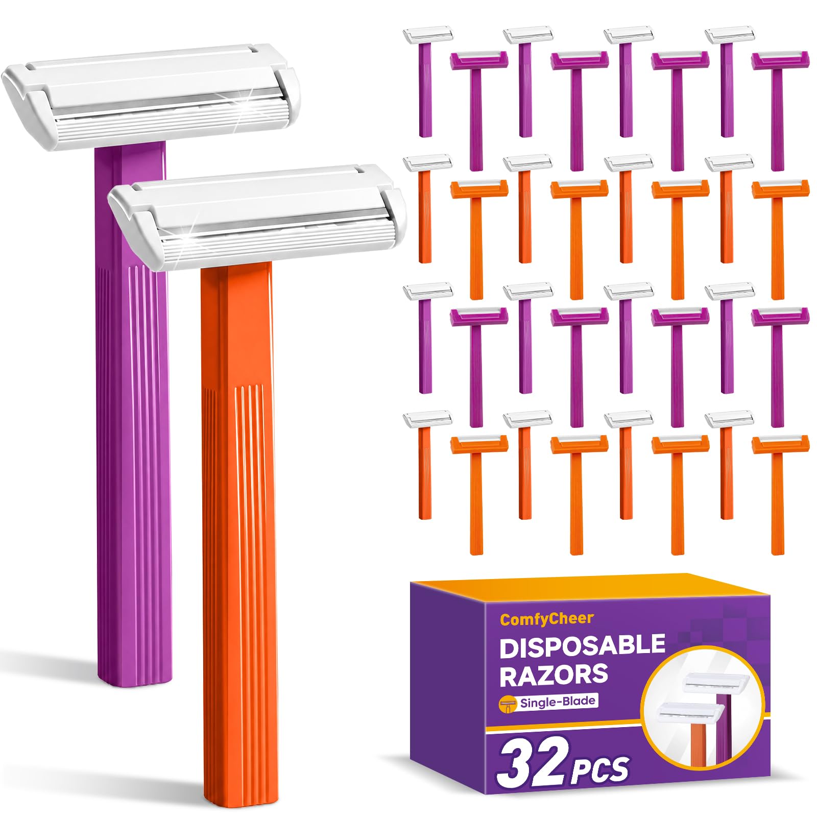 32 count Disposable Razors for Men，Single Blade Razors，Bulk Stainless Steel Shavers with Protective Head for Shaving Sensitive Skin