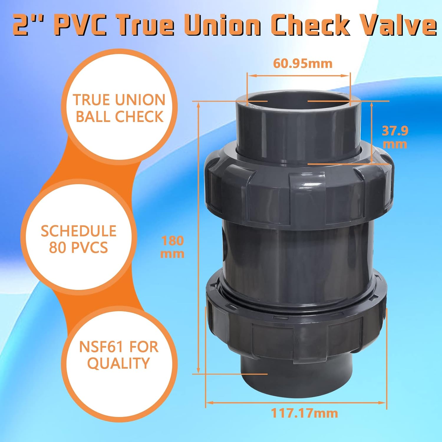 PVC True Union Check Valve, 2'' Slip Swing Full Port Utility, Sch80 Socket Pool Ball for Backflow Prevention
