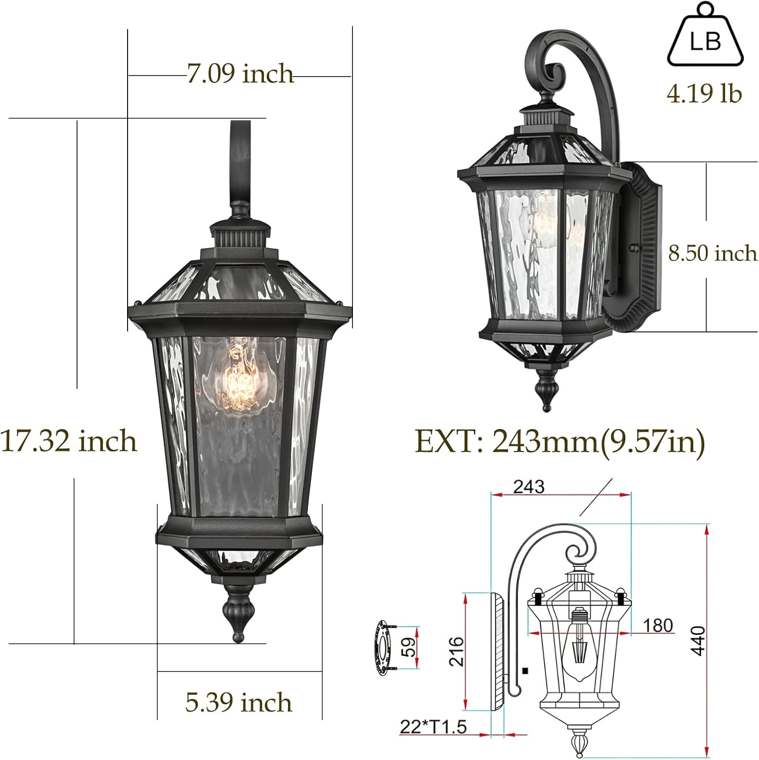 DANSEER Black Outdoor Porch Lights Wall Mount, Outdoor Wall Sconces Exterior Light Fixtures with Water Ripple Glass, Waterproof Outside Lights for Front Porch Patio Yard Hallway Garage