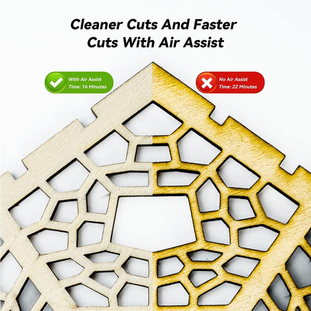 Comparison of laser cutting with and without air assist, showing cleaner cuts with air assist