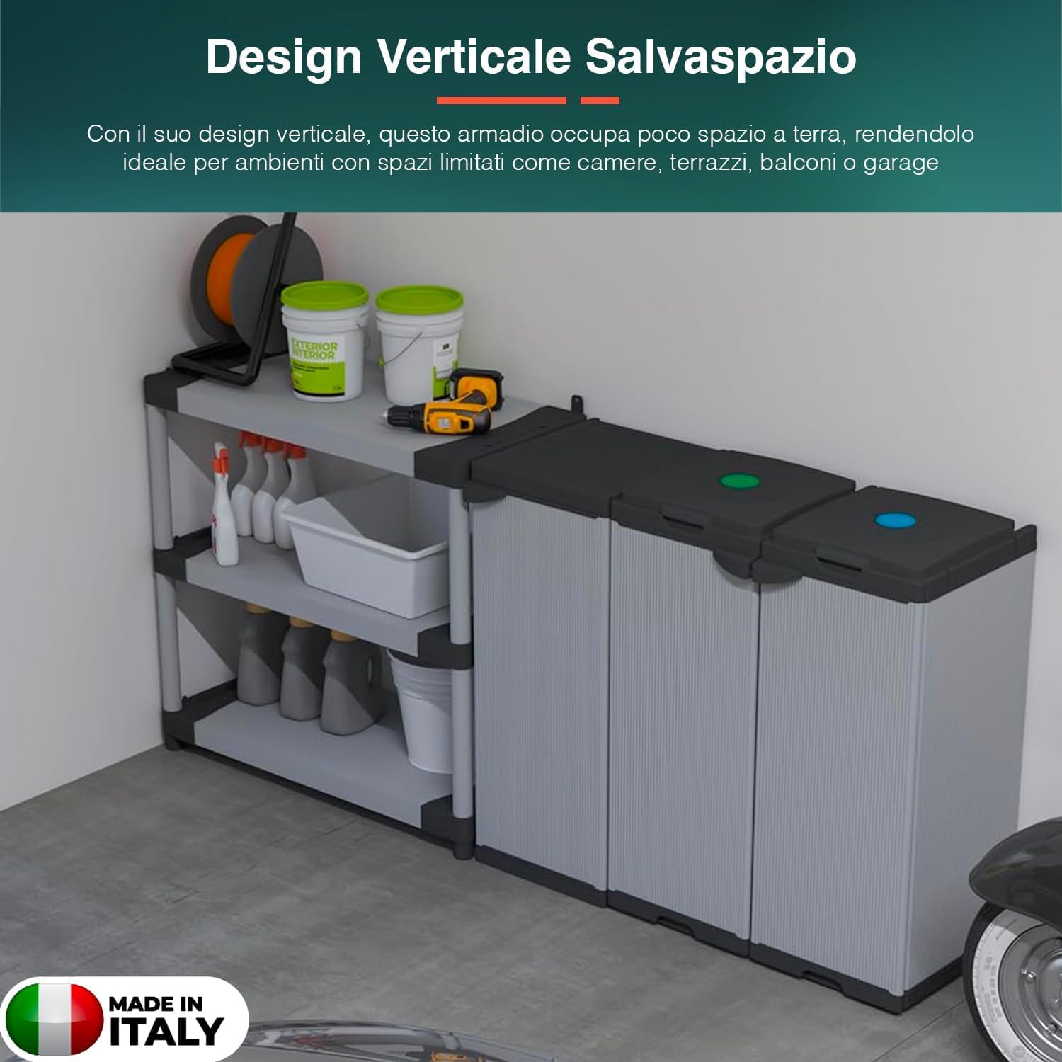 Avilia Armadio da Esterno 1 Anta - Mobile Modulare Adatto per Esterni ed Interni, Ripiani Regolabili, Porta Bombola Gas 10Kg, in Resina PVC e PP, con Kit Montaggio, Grigio, 35x39.5x85cm, Made in Italy