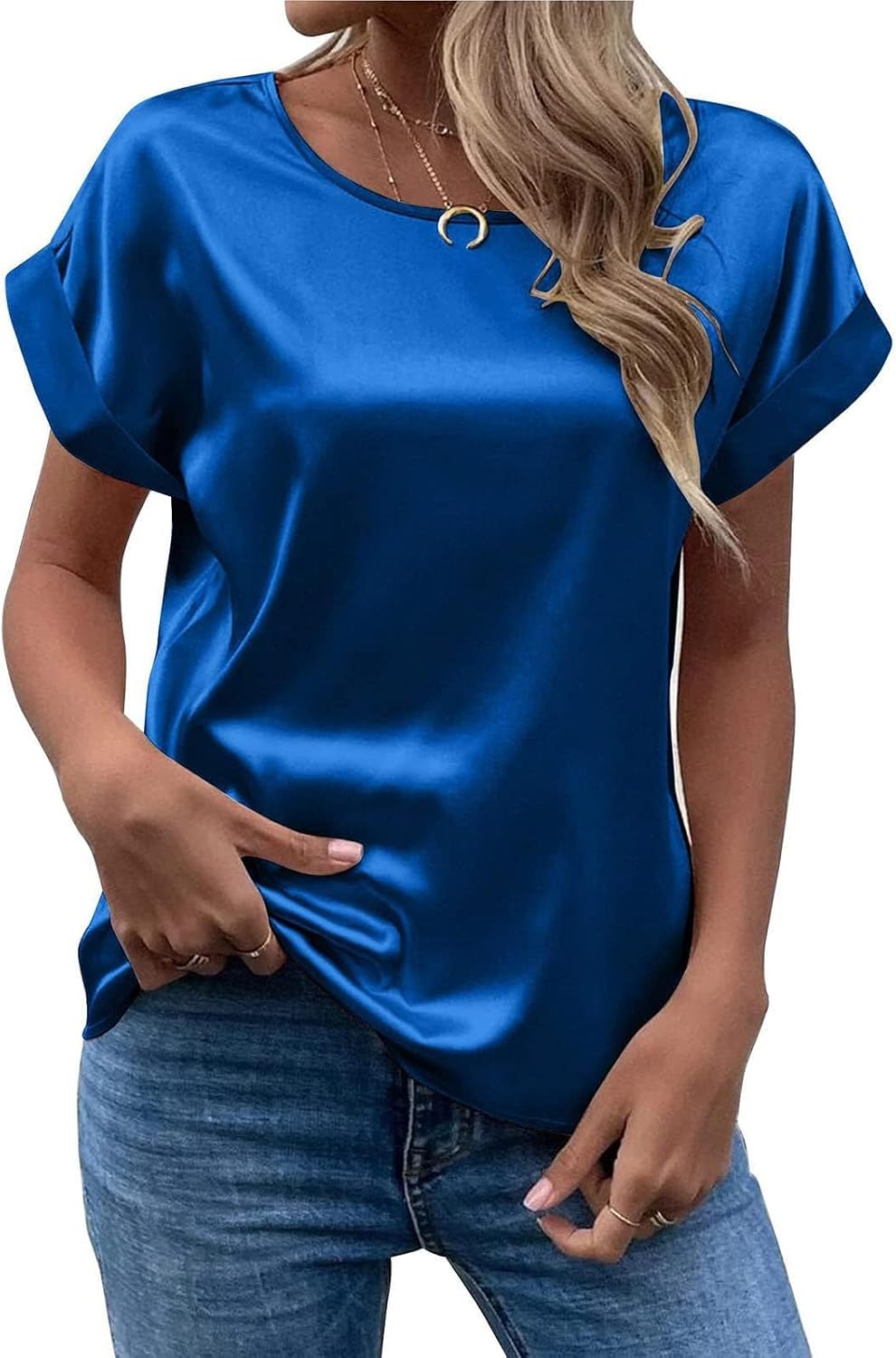 FMCHICO Women's Short Sleeve Satin Blouses Casual Loose Crewneck Silk Shirts Roll Up Sleeve Tunic Tops