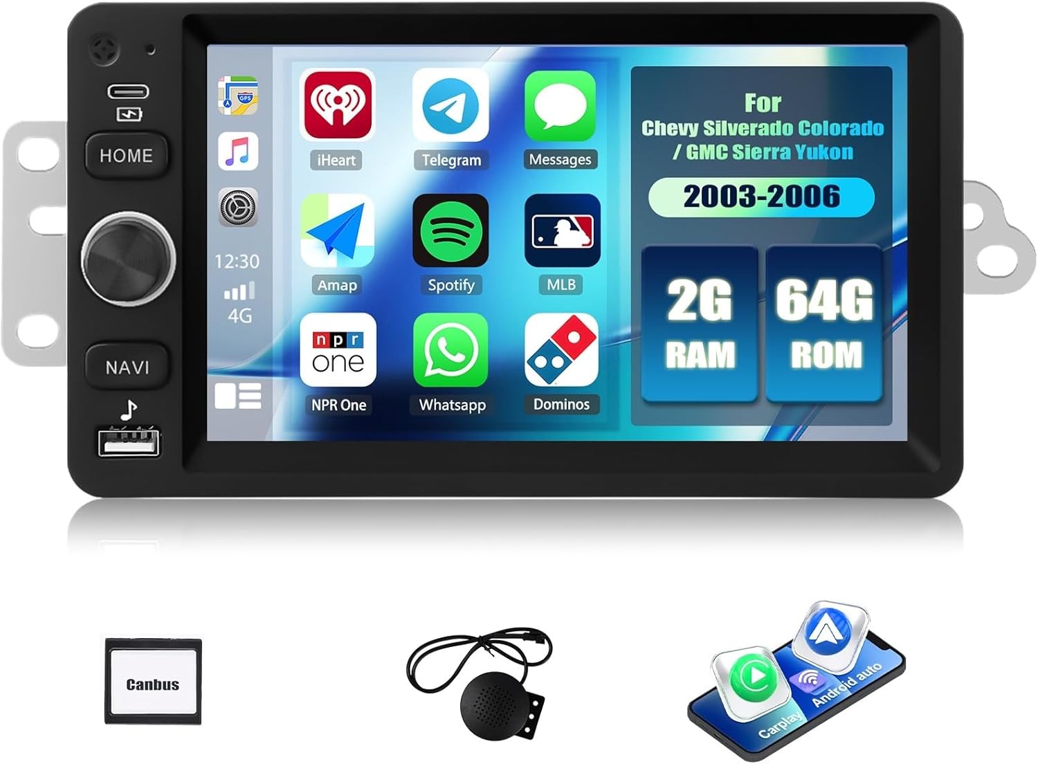 2G+64G Android Car Stereo for Chevrolet Chevy Silverado Tahoe/GMC Sierra Yukon 2003-2006, Chevy Colorado 2004-2012, 7" IPS Touch Screen Car Radio with Wireless CarPlay Android Auto GPS Bluetooth FM