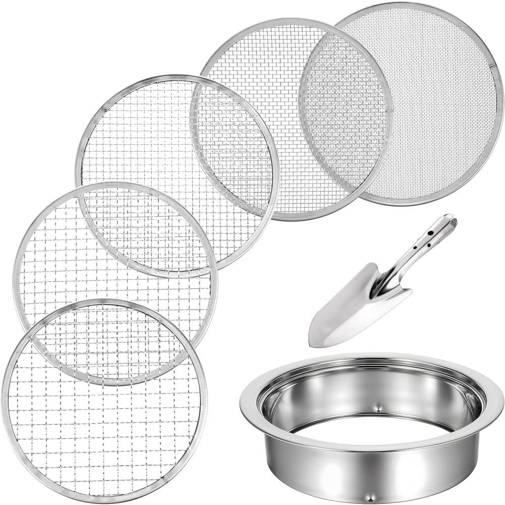 Littimoon Soil Sifter Stainless Steel Riddle Sieve Set forGardening with5 Sizes 8" Diameter 1/3/6/9/12mm Interchangeable Meshe