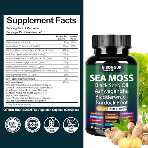 Miniatura 2 de Cápsulas de musgo marino con musgo marino, aceite de semilla negra, ashwagandha, vejiga, raíz de bardana, jengibre, vitaminas C y D3, suplemento de