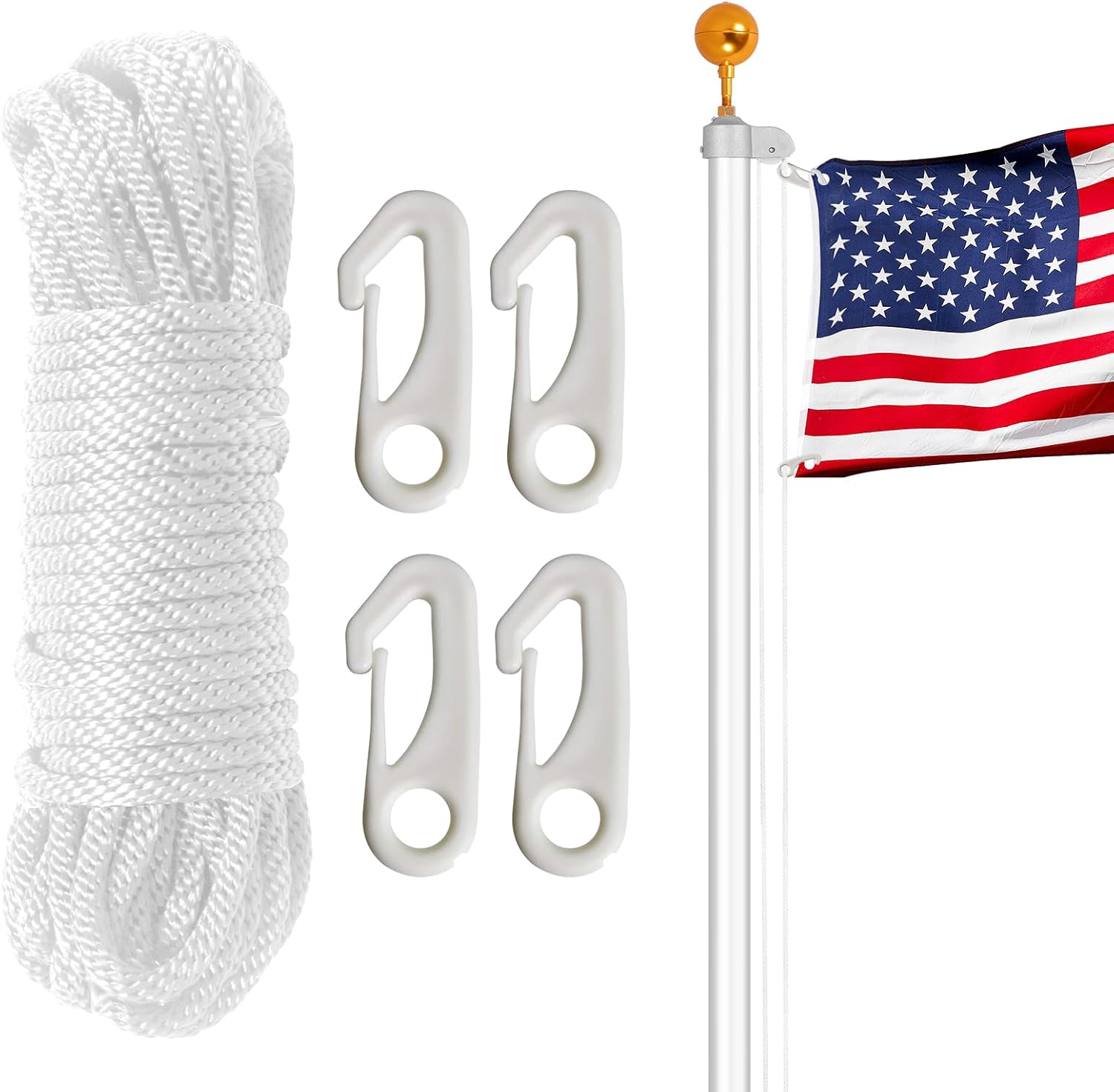 BMFTRRI Flag Pole Rope Kit 50Ft x 1/4" Diameter Halyard Rope with 4 Pcs Plastic Snap