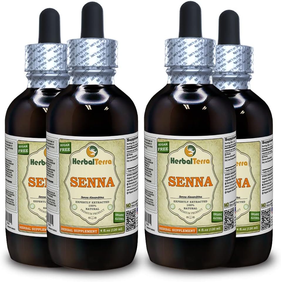 Senna (Senna Alexandrina) Tincture, Organic Dried Leaves Liquid Extract (Brand Name: HerbalTerra, Proudly Made in USA) 4x4 fl.oz (4x120 ml)