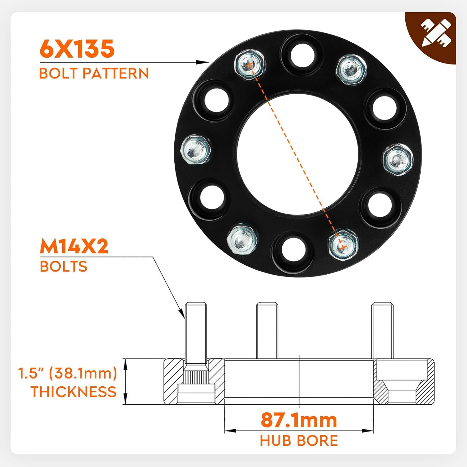 Aeagle 6x135 Hubcentric Wheel Adapters, 1.5" for 2004-2014 Ford F150 2WD 4WD, Forged 6 Lug Wheel Spacers with M14x2 Studs 87.1mm Bore 4PCS - Image 2