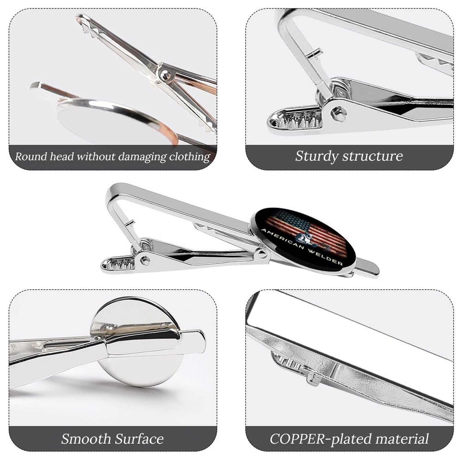 America Welder Theme Tie Clip for Men,Round Tie Bar Clips And Cufflinks Set for Luxury Clothing Accessories 2 Pcs