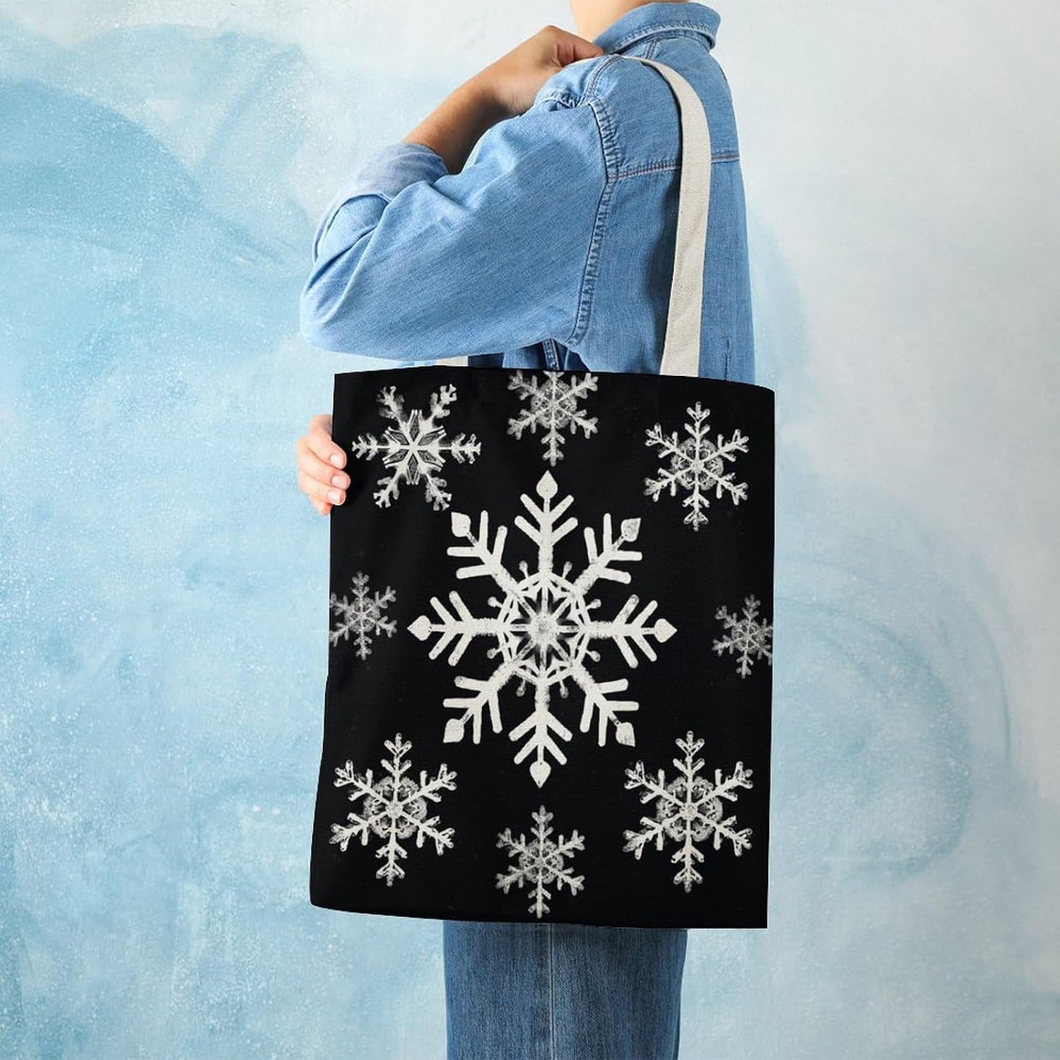 Canvas Tote Bag 16x15 In Lightweight Foldable Shoulder Hobo Purse | White Snowflake, Casual Tote with 10" Strap, Everyday Carryall, for Travel Work Grocery Shopping Beach Mark Gym Yoga