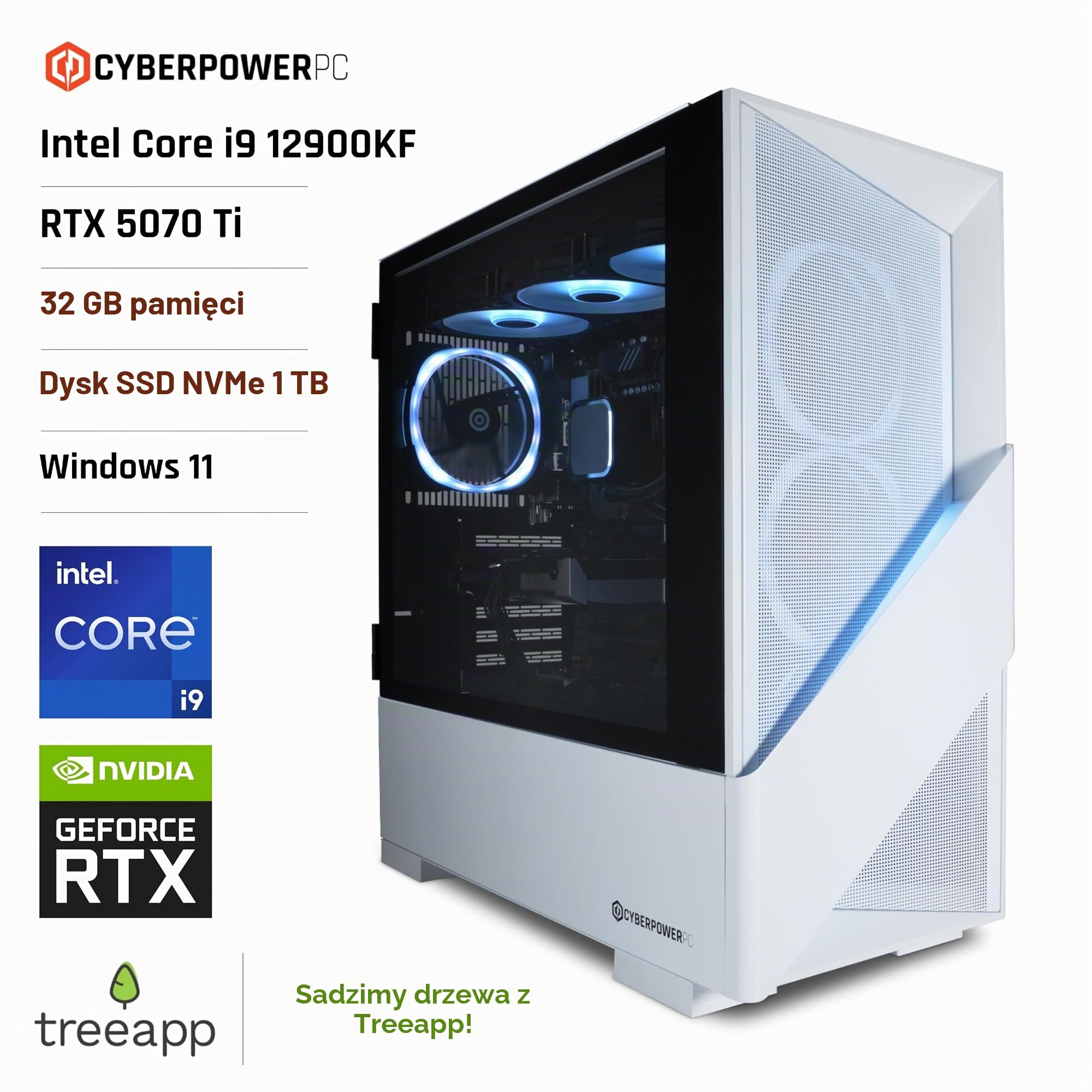 CyberPowerPC Luxe Gaming PC - Intel Core i9 12900KF, Nvidia RTX 5070 Ti, 32GB RAM, 1TB NVMe SSD, 750W PSU, Windows 11, Liquid Cooling, Amethyst 360M Airflow White
