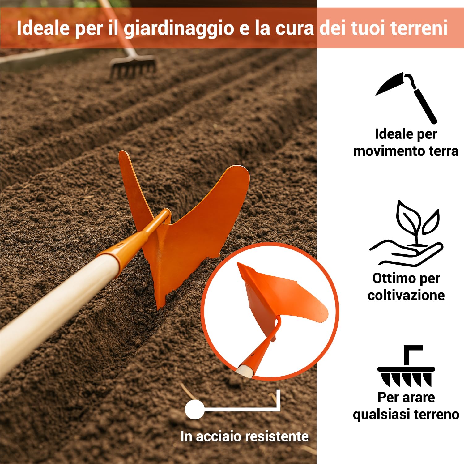 Crisalide® - Vomere Arancione Traccia Solchi In Metallo 27x30CM, COMPLETO DI MANICO In Legno 150CM, Indicato Per La Cura Dell'Orto E Del Giardino, Facile Da Utilizzare