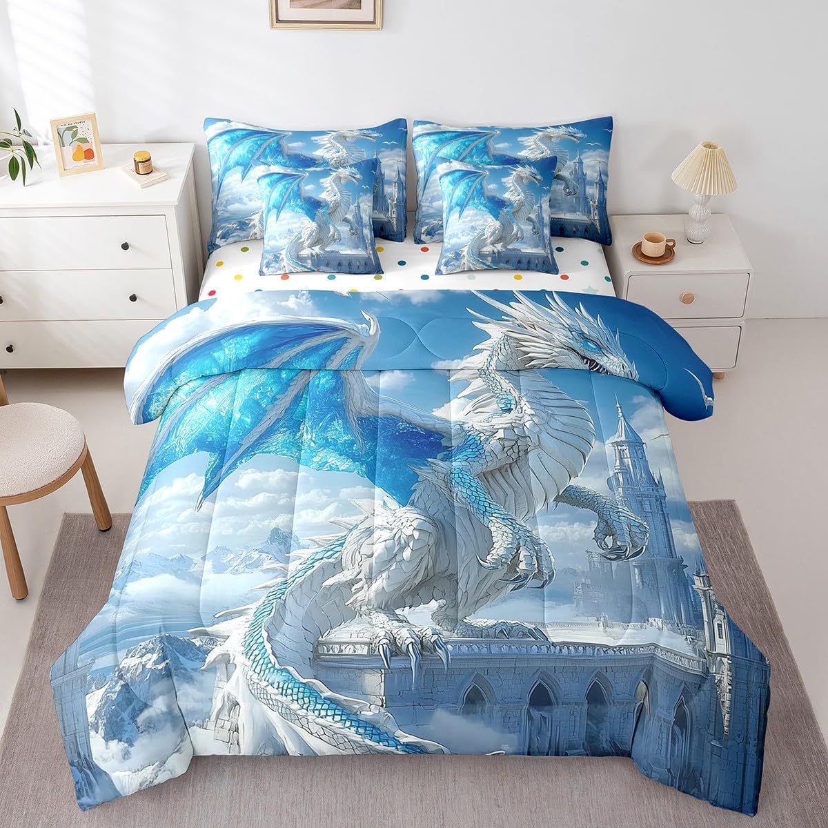 Erosebridal Gothic Dragon Bed in a Bag Queen Comforter Set 7 Piece,Goth Pterosaur Bedding Set,Vintage Jungle Animal Sheet Set Prehistoric Wild Animals Bed Set,Tropical Wildlife Reptile Room Decor