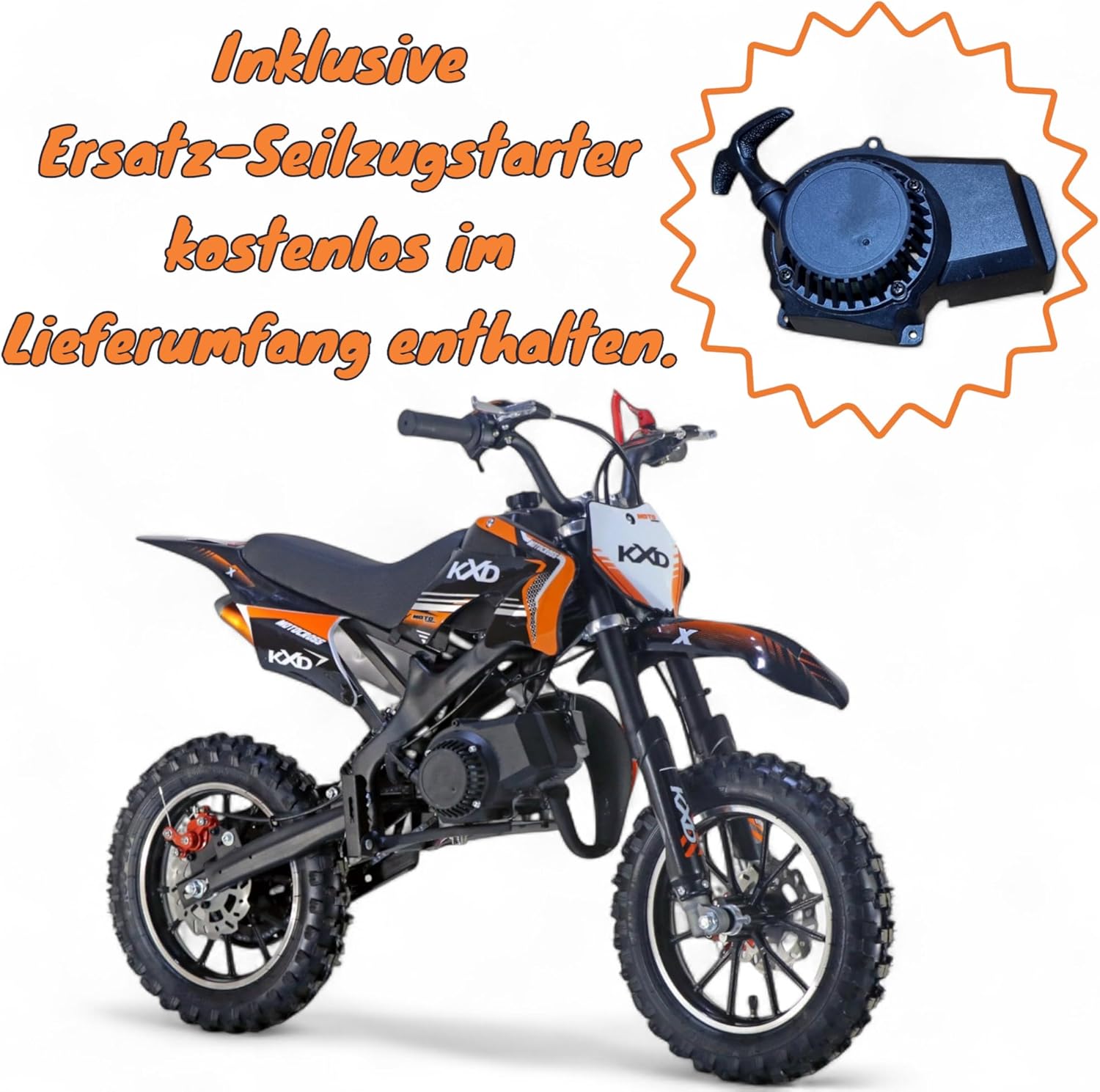 KXD 701 dirt bike in orange and black, with a separate pull starter component highlighted
