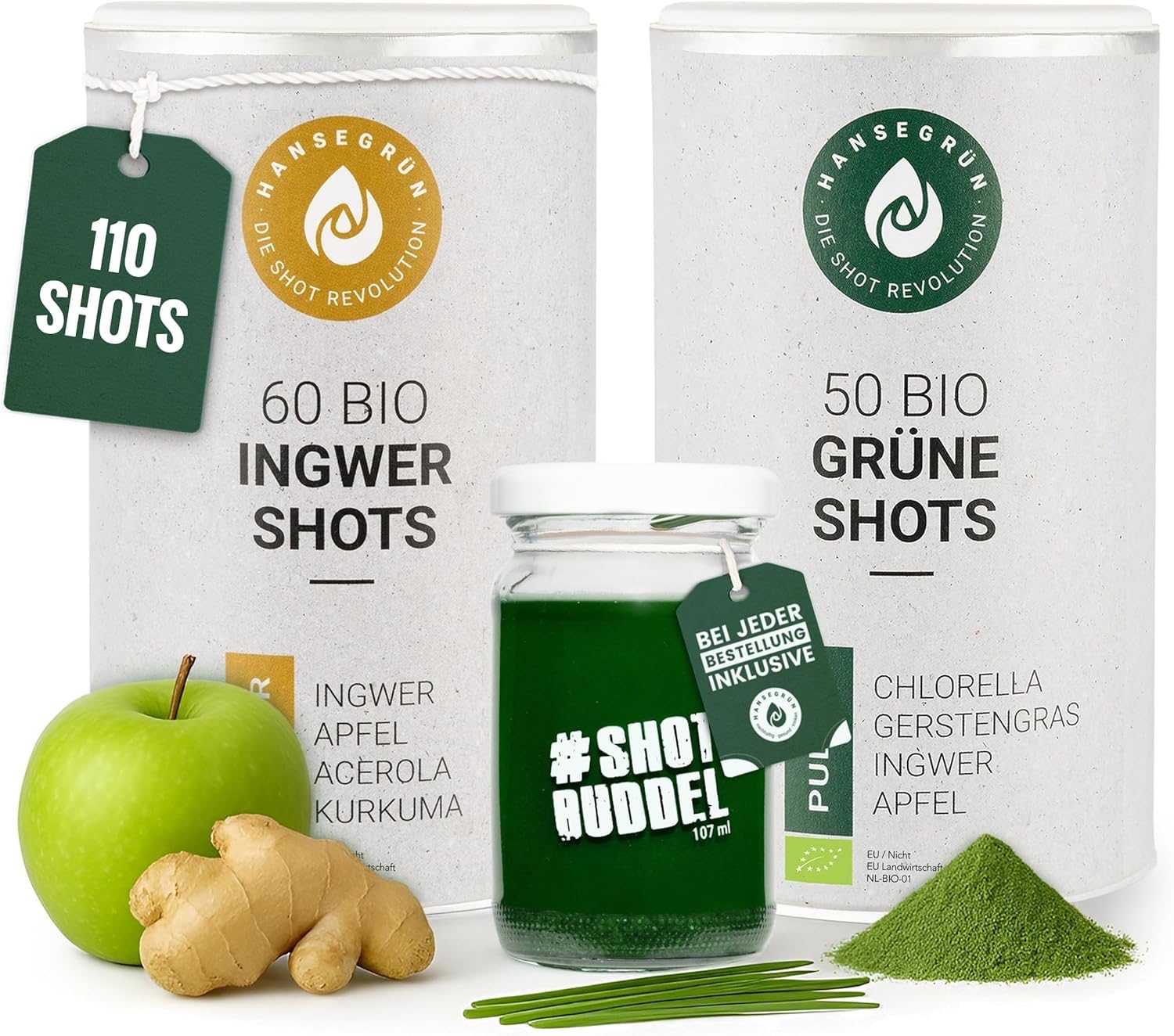 Hansegrün - Immundarmset (110 Shots) - Bio-Shots mit Ingwer & Greens - Veganes Superfood-Pulver zur Stärkung von Immunsystem¹ & Darm-Gesundheit³ - 100% echte Zutaten zur täglichen Zubereitung