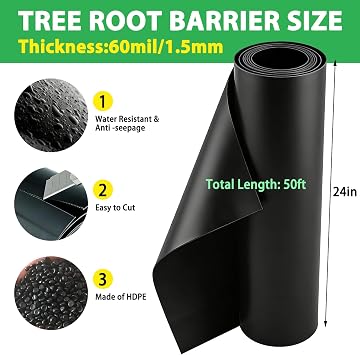 50ft x 24in x 60mil Tree Root Barrier, Heavy-Duty Bamboo Root Blocker