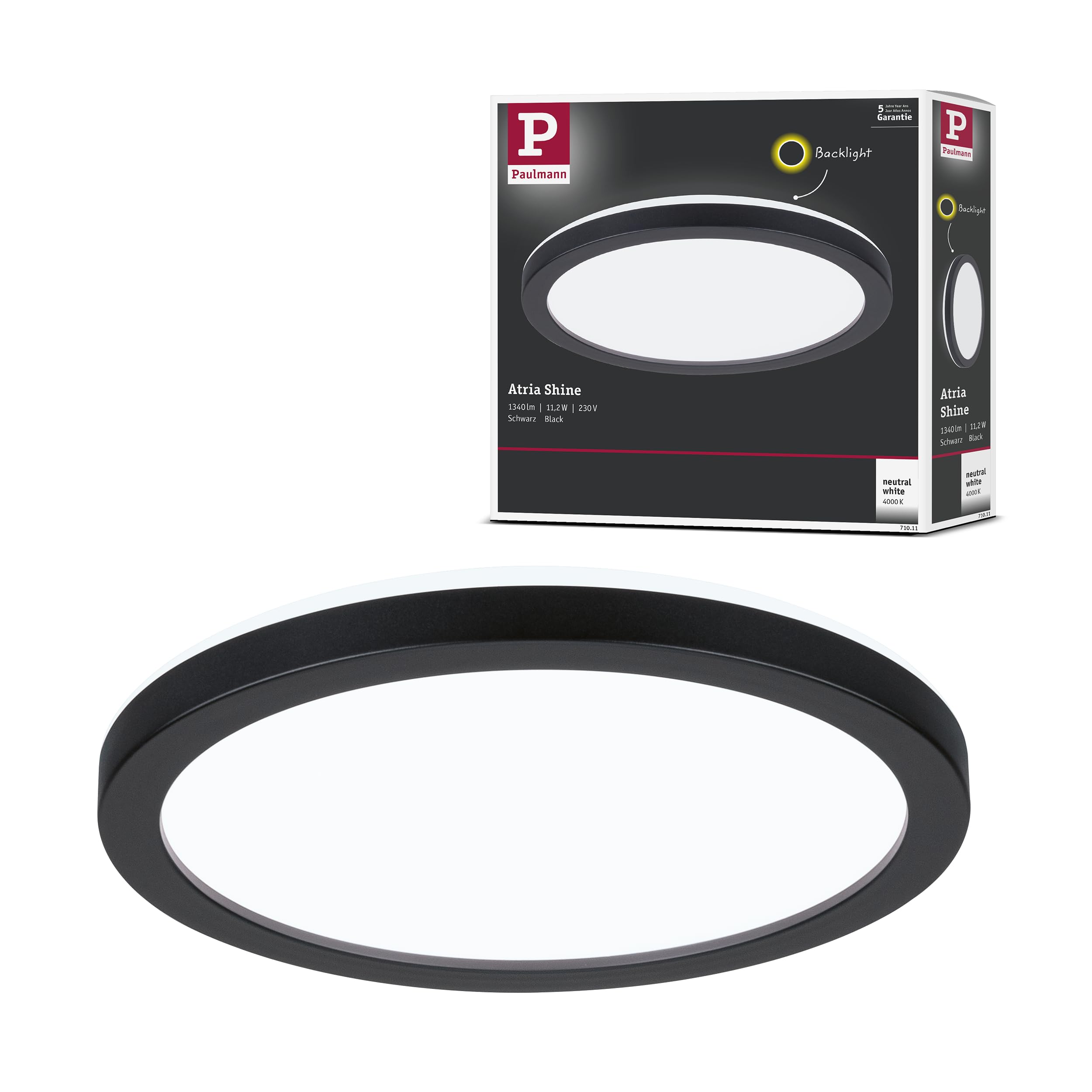 Paulmann 71011 LED Panel Atria Shine 190 mm Round incl. 1x11.2 W Daylight White Black Light Panel Plastic Ceiling Panel 4000 K