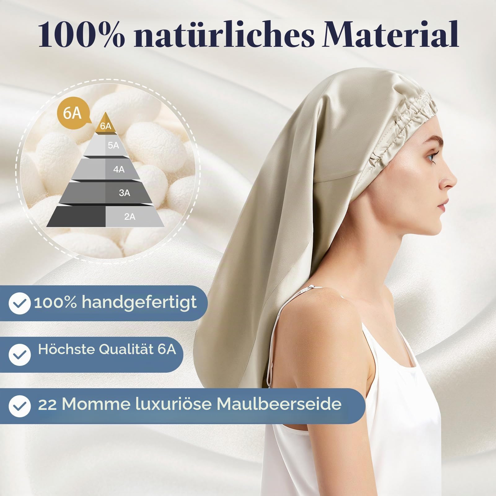 Mommesilk Maulbeerseide Haarhaube Schlafmütze Schlafhaube 100% Seide 22 Momme Lange Seidenmütze Kappe für lockiges Haar Seidenhaube für Frauen mit Langen Haaren
