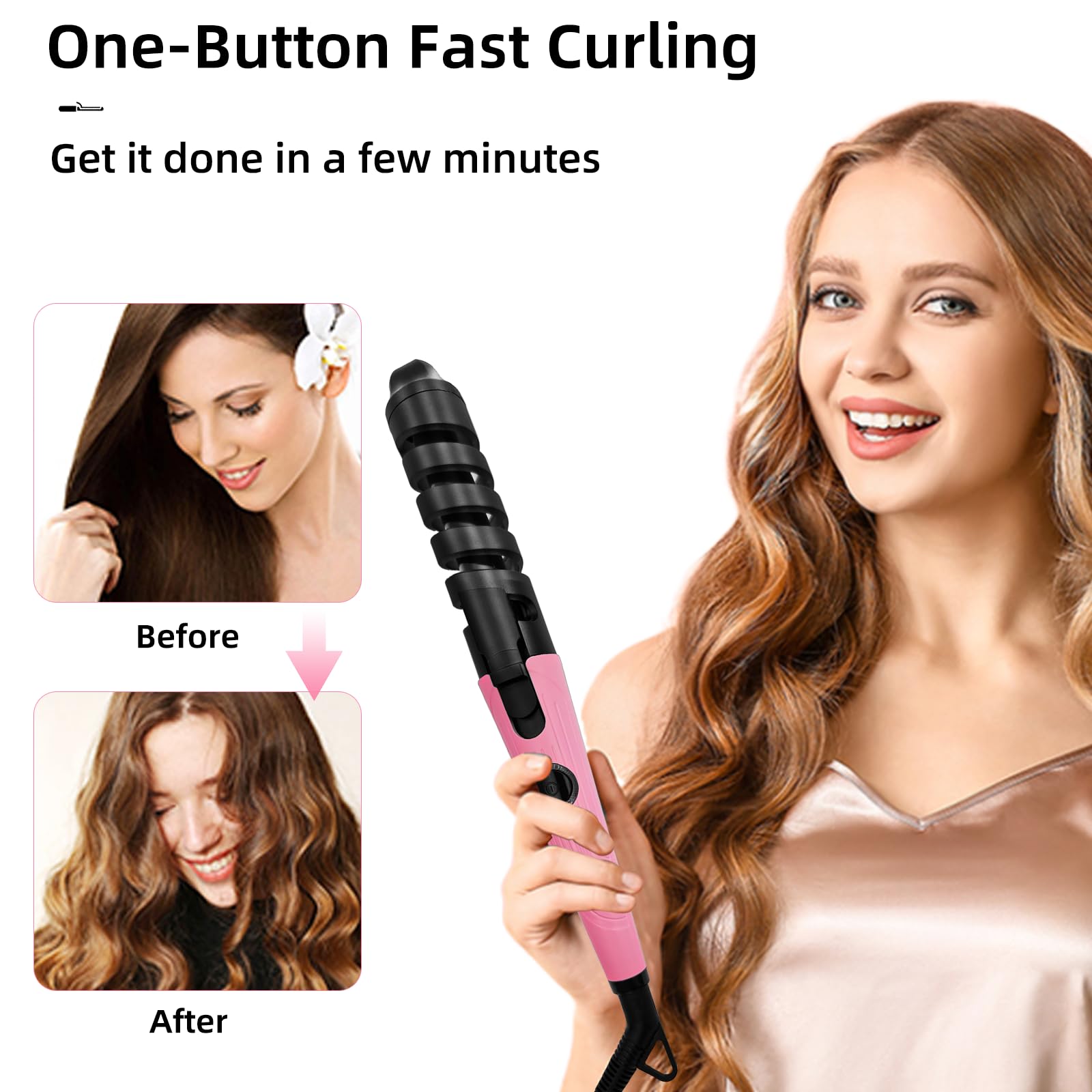 Rizador de cerámica antiquemaduras, rizador portátil, rizador automático en espiral para mujer, rodillos de calentamiento rápido sin quemaduras, adecuados para peinar el cabello largo y corto (rosa 01