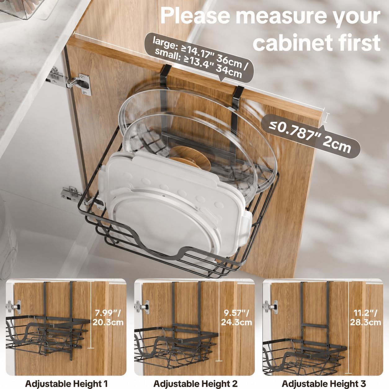 TIDIIABODE Pot Lid Organizer 2 Pack, Adjustable Kitchen Pot Lid Holder Inside Cabinet, Kitchen Cabinet Organizer Hanging for Food Storage Container, Pot, Pan Lid & Bakeware, Black