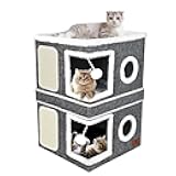 2-Story Cat House for Indoor Cats, Dual-Purpose Cave Bed with Scratch Pad and Fluffy Ball, Foldable Cat Hideaway, Cute Condo Furniture for Multi Small Pet Kitten, Grey