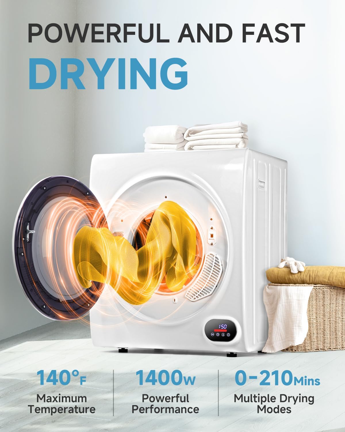 Diagram illustrating powerful and fast drying features: 140°F maximum temperature, 1400W power, and 0-210 minutes multiple drying modes.