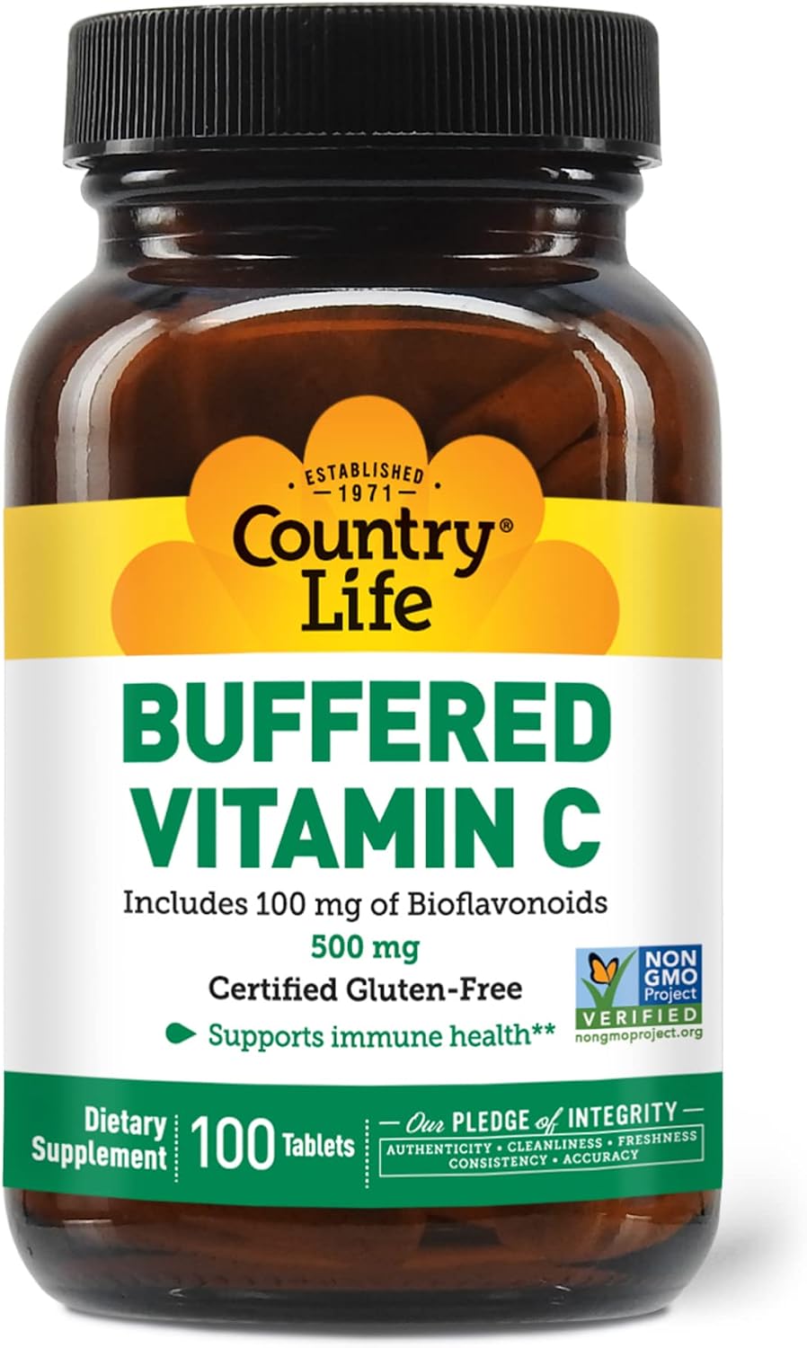 Country Life Vitamin C Buffered with Bioflavonoids, 500mg, 100 Tablets, Certified Gluten Free, Certified Vegan