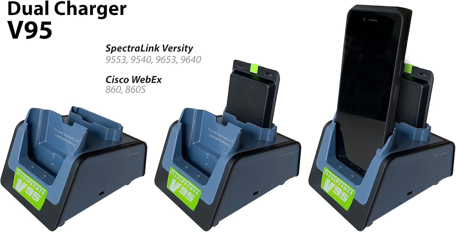 V95 Transformer Dual Charger for SpectraLink Versity 9553, 9540, 9653, & 9640 and for Cisco WebEx 860 & 860S